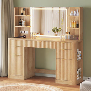 Fluted Makeup Vanity Desk with Mirror & Lights