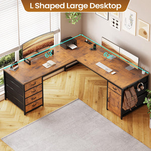 L-Shaped Computer Desk with Drawers, Monitor Shelf & Power Outlet