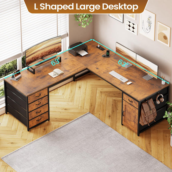 L-Shaped Computer Desk with Drawers, Monitor Shelf & Power Outlet