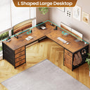 L-Shaped Computer Desk with Drawers, Monitor Shelf & Power Outlet