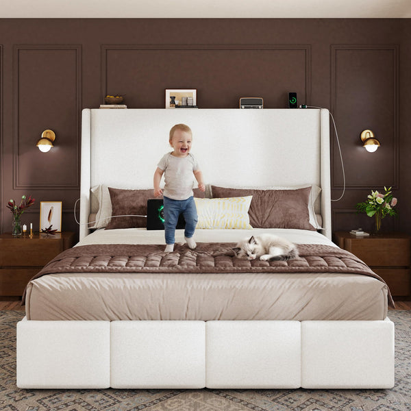Queen Wingback Upholstered Platform Bed Frame