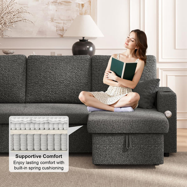 L-Shaped Sectional Sleeper Sofa with Storage Chaise, Charging Ports & Cup Holders