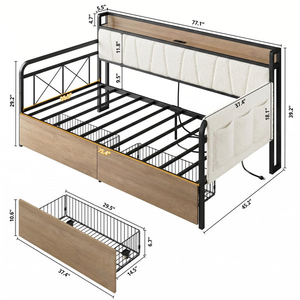 Twin Daybed with Storage Drawers & Charging Station