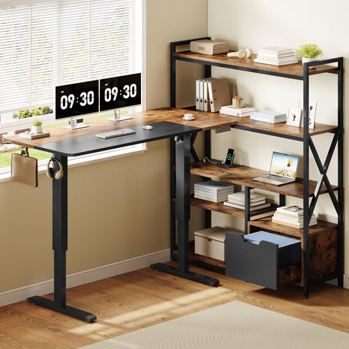 L-Shaped Electric Standing Desk with Hutch & Storage