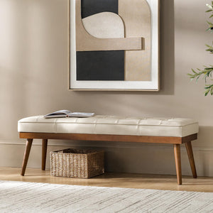 55.5" Button-Tufted Genuine Leather Entryway Bench