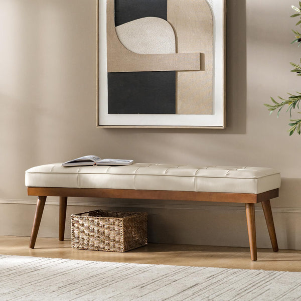 55.5" Button-Tufted Genuine Leather Entryway Bench