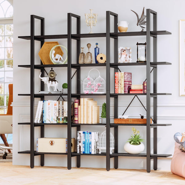 Triple Wide 5-Tier Open Bookshelf with Back Fence