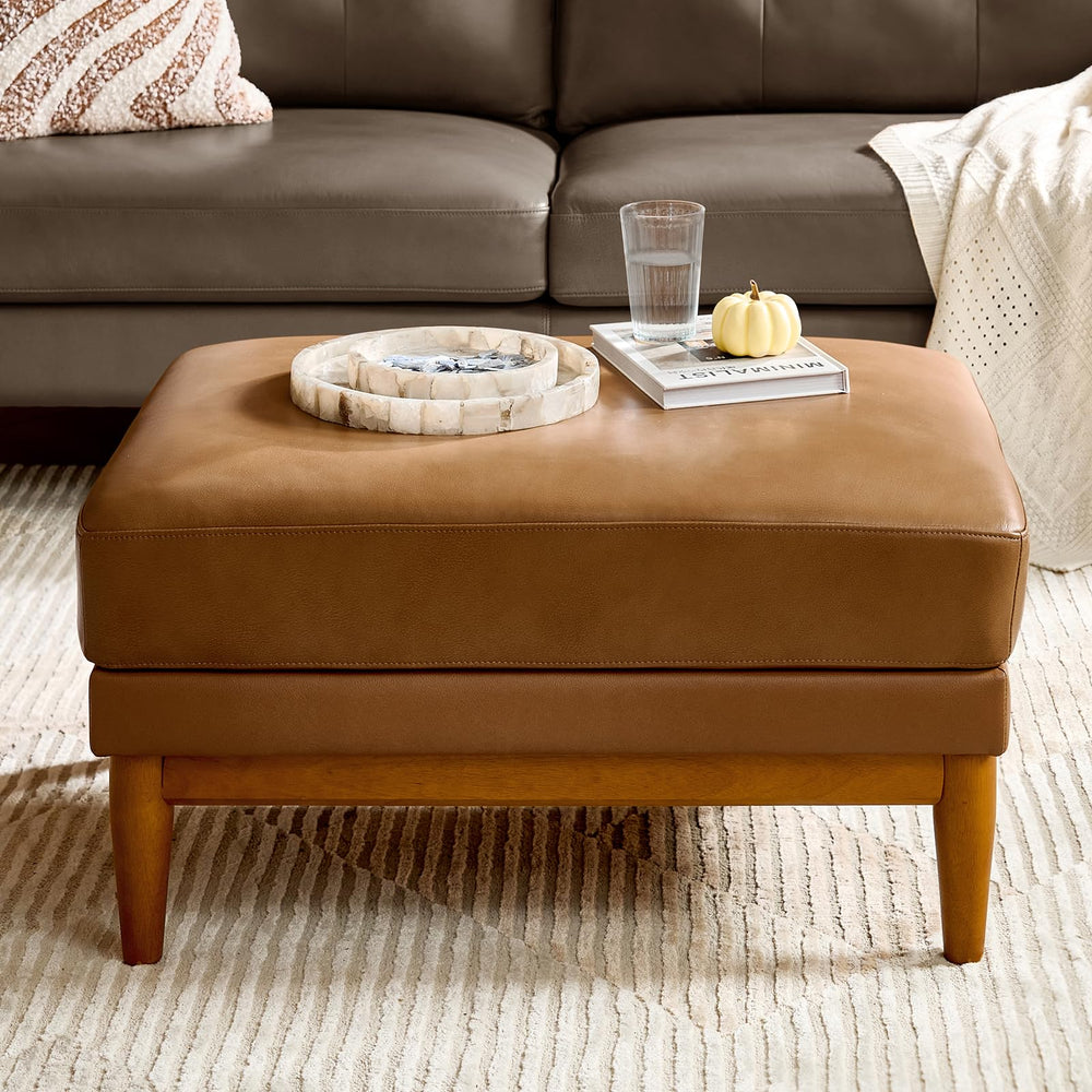 Genuine Leather Ottoman Coffee Table with Solid Wood Legs