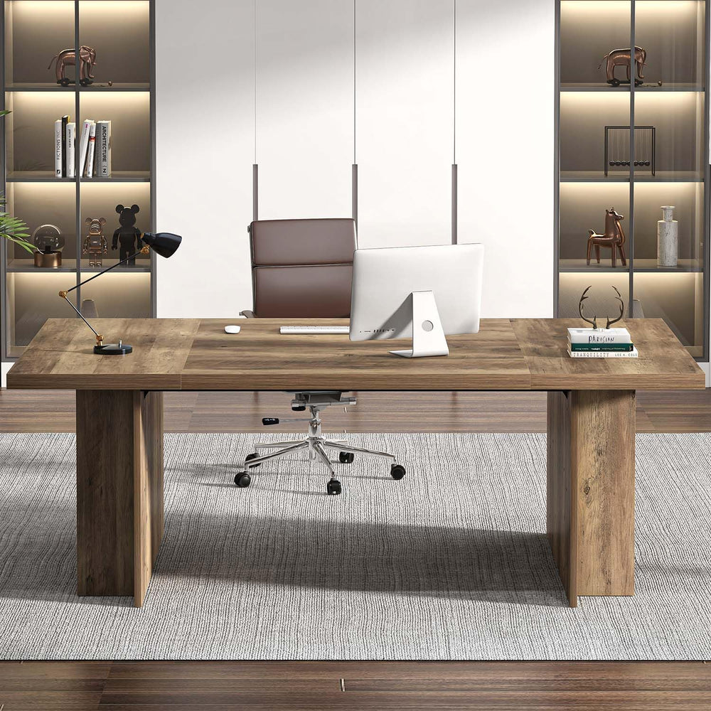 70" Large Executive Desk with Storage Shelves, Industrial Wood