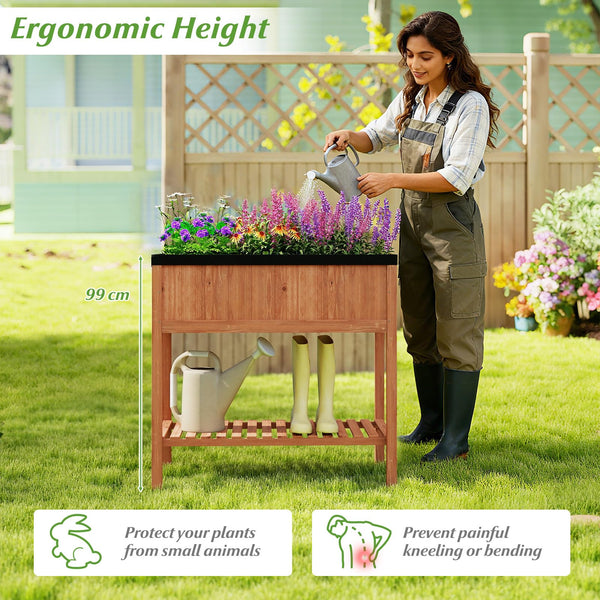 2-Tier Wooden Raised Garden Bed with Storage Shelf