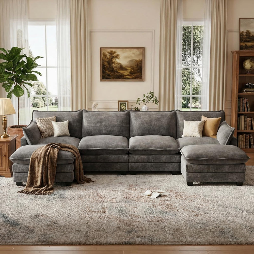 U-Shaped Modular Sectional Sofa with Movable Ottoman — Chenille Cloud Couch
