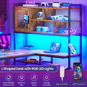 L-Shaped Computer Desk with LED Lights, Bookshelf & Storage Shelves