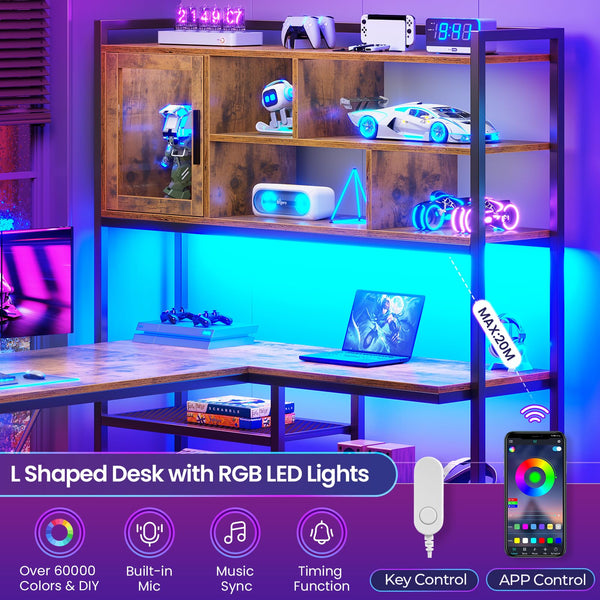 L-Shaped Computer Desk with LED Light and Bookshelf
