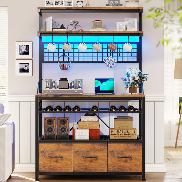 6-Tier Baker's Rack with Power Outlets, LED Lights & Wine Rack