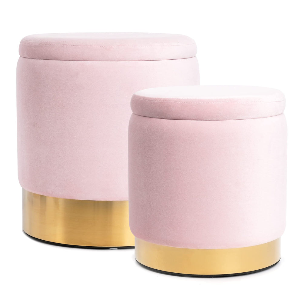 Round Velvet Storage Ottoman Set of 2 with Gold Base