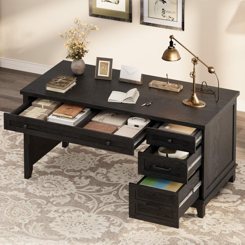 Farmhouse Executive Desk with Drawers & Charging Station