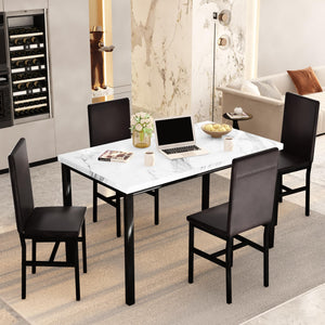 Dining Table Set for 4 with Faux Marble Top & Leather Chairs