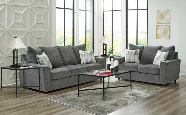 Gray Loveseat with Flared Arms & Accent Pillows