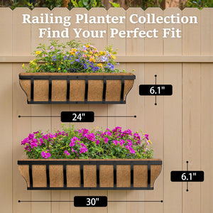 Iron Railing Planter Box with Coco Liner & Support Rod