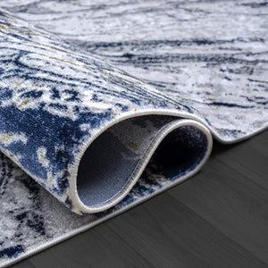 Abstract Grey Blue Washable Area Rug