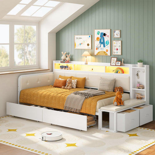 Twin Corner Daybed Frame with Storage Drawers, Charging Station & Bookcase Headboard