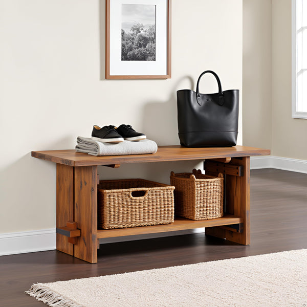 40" Entryway Bench with Storage Shelf – Solid Acacia Wood