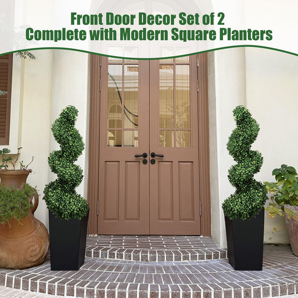 Artificial Spiral Topiary Trees, Set of 2 – UV Resistant Faux Boxwood with Square Planter