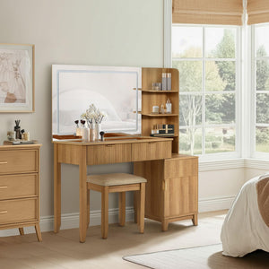 Vanity Desk with Stool, LED Mirror & Power Outlet