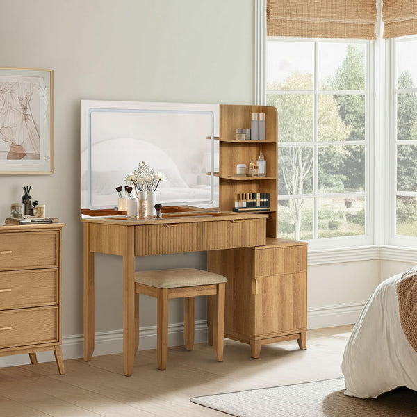 Vanity Desk with Stool, LED Mirror & Power Outlet