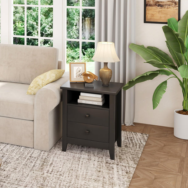 Farmhouse Nightstand Set of 2 with 2 Drawers and Open Shelf
