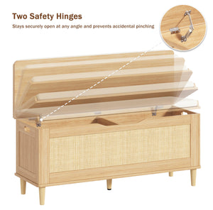 Keehusux 47.2" Rattan Storage Chest with Padded Seat Cushion, Extra Large Storage Bench with 2 Safety Hinges, Storage Trunk with Solid Wood Legs & Rounded Corners for Entryway, Bedroom, Natural Oak