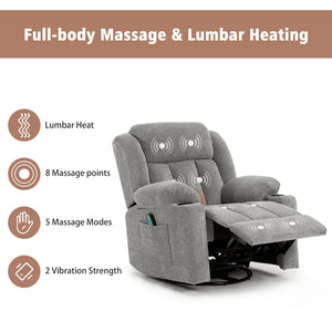 Overstuffed Rocker Swivel Recliner Chair with Massage & Heat