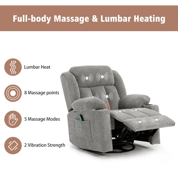 Overstuffed Rocker Swivel Recliner Chair with Massage & Heat