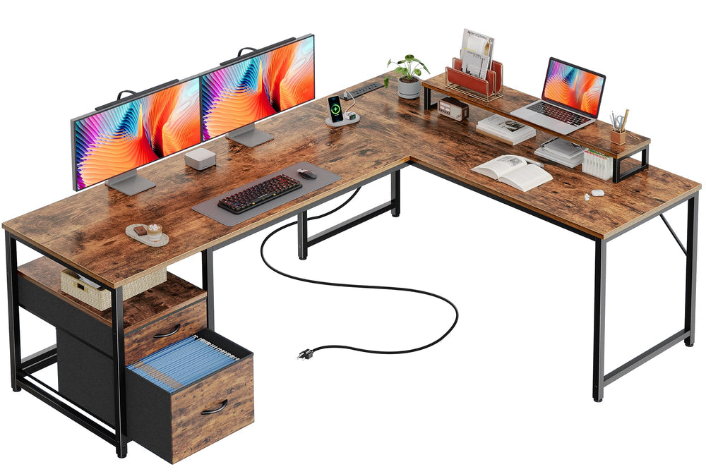 L-Shaped Desk with Power Outlets, USB-C & Storage Drawers