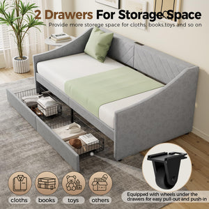 Twin Size Upholstered Daybed with Storage Drawers and Charging Station