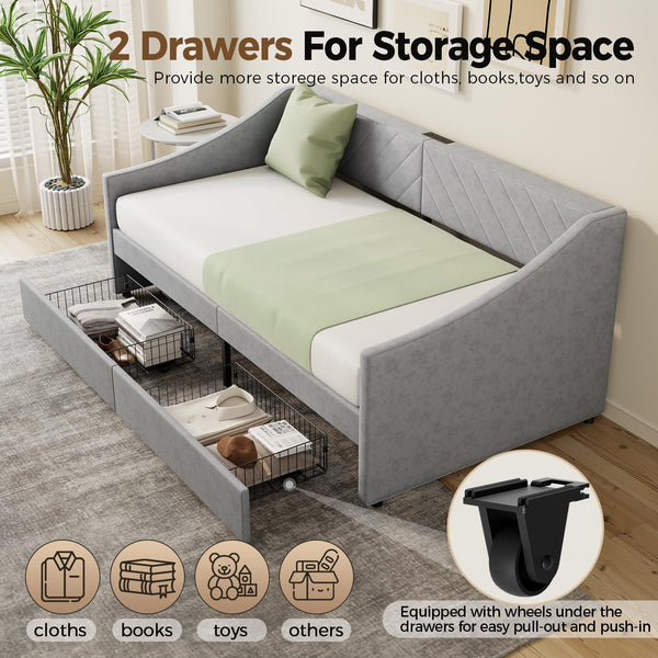 Twin Size Upholstered Daybed with Storage Drawers and Charging Station