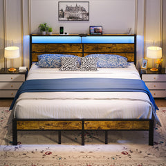 King Size Bed Frame with Charging Station & LED Lights