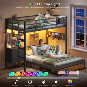 Twin Over Full Metal Bunk Bed with Storage Drawers, Bookshelf & LED Lights