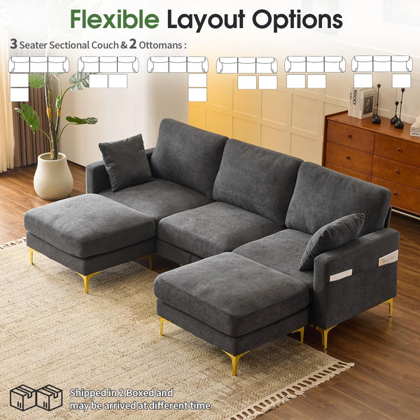 U-Shaped Sectional Sofa with Ottoman – Chenille Cloud Couch, 3-Seater