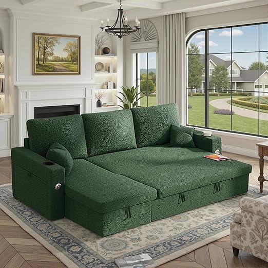 L-Shaped Sectional Sleeper Sofa with Storage Chaise, Charging Ports & Cup Holders