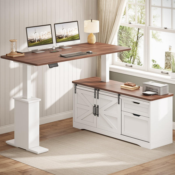 55 Inch L-Shaped Electric Standing Desk with Storage Drawers, File Cabinet & Power Outlets