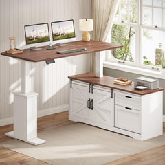 L-Shaped Height Adjustable Standing Desk with Storage & Power Outlets