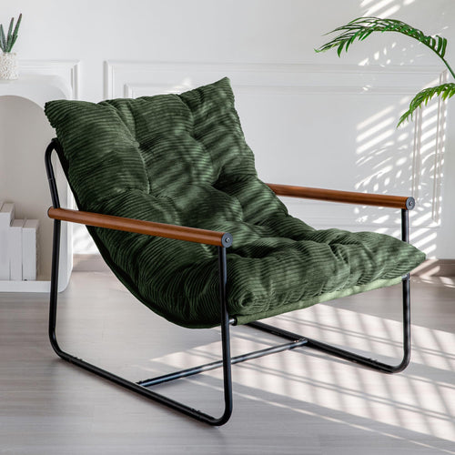Corded Fabric Accent Chair with Metal Frame & Wooden Armrests