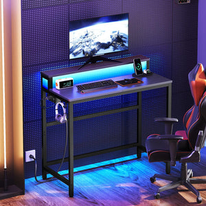 2-Tier Computer Desk with LED Lights & Charging Station