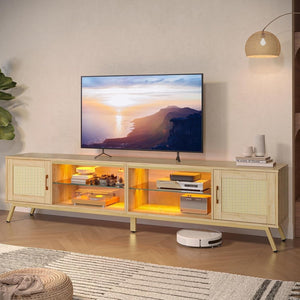 80-Inch Rattan TV Stand with LED Lights & Storage