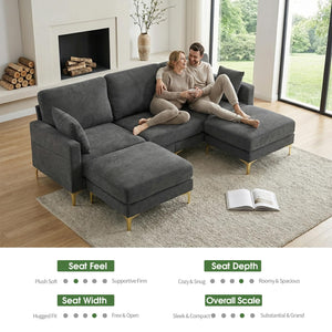 U-Shaped Sectional Sofa with Ottoman – Chenille Cloud Couch, 3-Seater