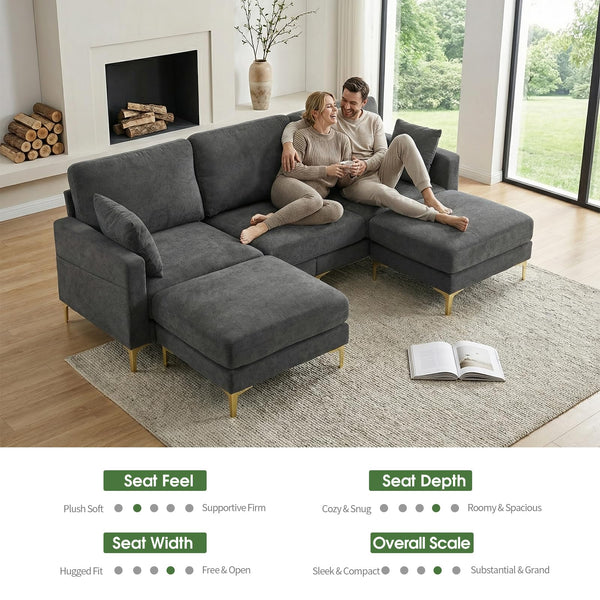 U-Shaped Sectional Sofa with Ottoman – Chenille Cloud Couch, 3-Seater