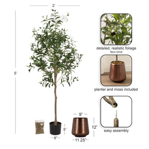 5 FT Faux Olive Tree with Bronze Metal Planter Pot
