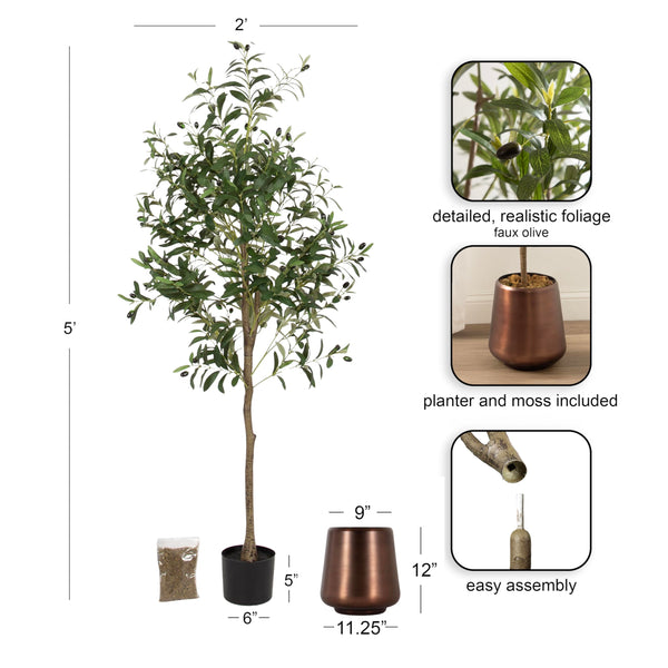 5 FT Faux Olive Tree with Bronze Metal Planter Pot