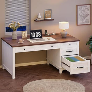 Farmhouse Executive Desk with Drawers & Charging Station